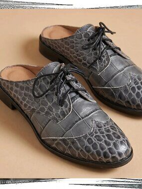 Gray Textured Leather Wingtip Slides (36) by All Black
